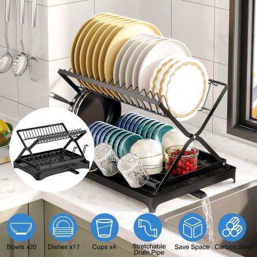2 Tier Dish Drying Rack with Cup Holder Foldable Dish Drainer Shelf for Kitchen Countertop Rustproof Utensil Holder with Drainboard Black 2 Tier Dish Drying Rack with Cup Holder Foldable Dish Drainer Shelf for Kitchen Countertop Rustproof Utensil Holder with Drainboard Black